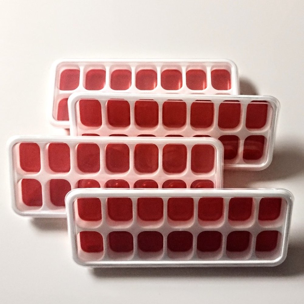 Silicone Ice Cube Freezer Trays ~ Red ~ Set 4 Stack Trays w/Snap Lids ~ Durable